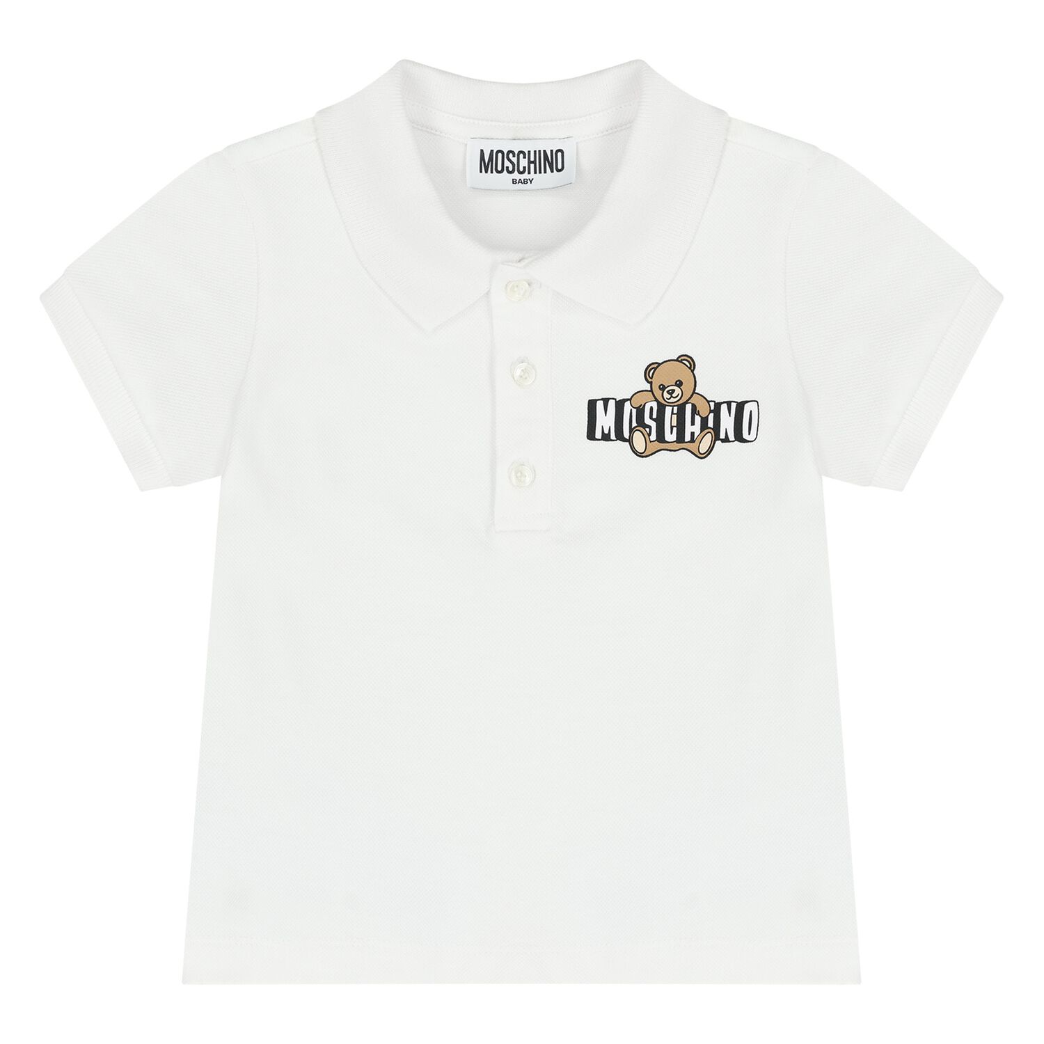 Younger Boys White Teddy Bear Logo Polo Shirt, 1, hi-res