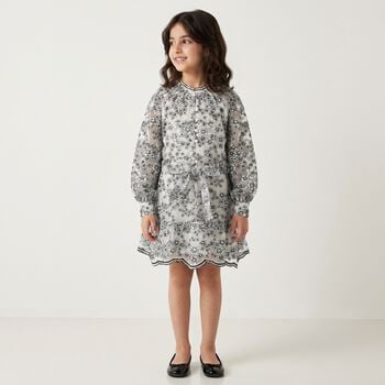 Girls White & Black Embroidered Floral Dress