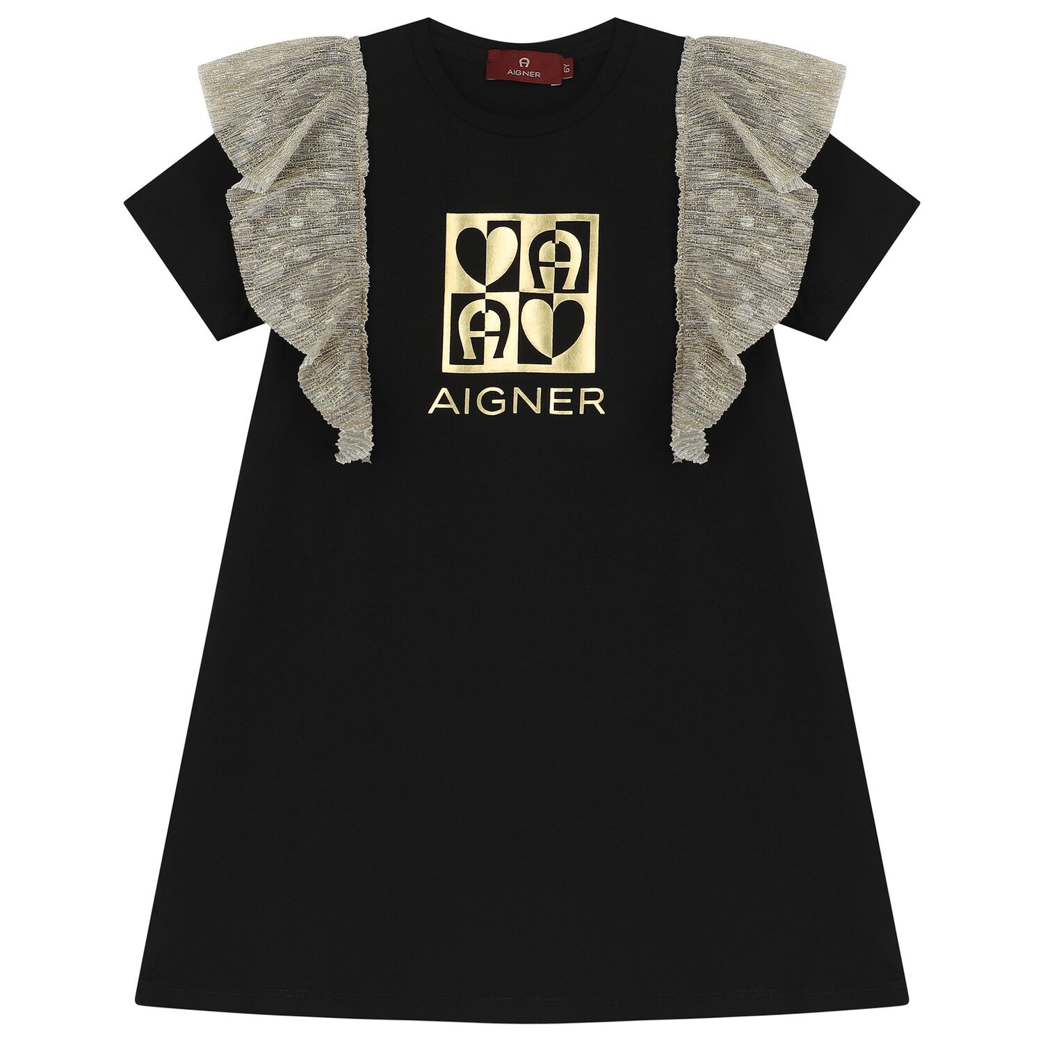 Girls Black & Gold Logo Dress, 1, hi-res
