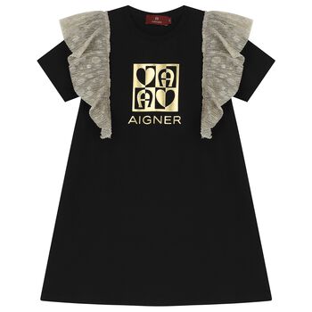 Girls Black & Gold Logo Dress