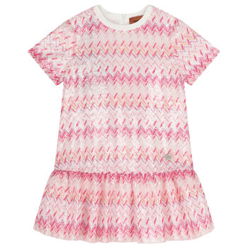 Girls White & Pink Zig Zag Embellished Sequin Dress