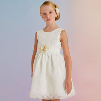 Girls White Embroidered Organza Dress