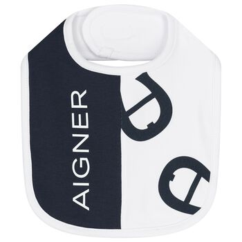 Baby Boys White & Navy Blue Logo Bib