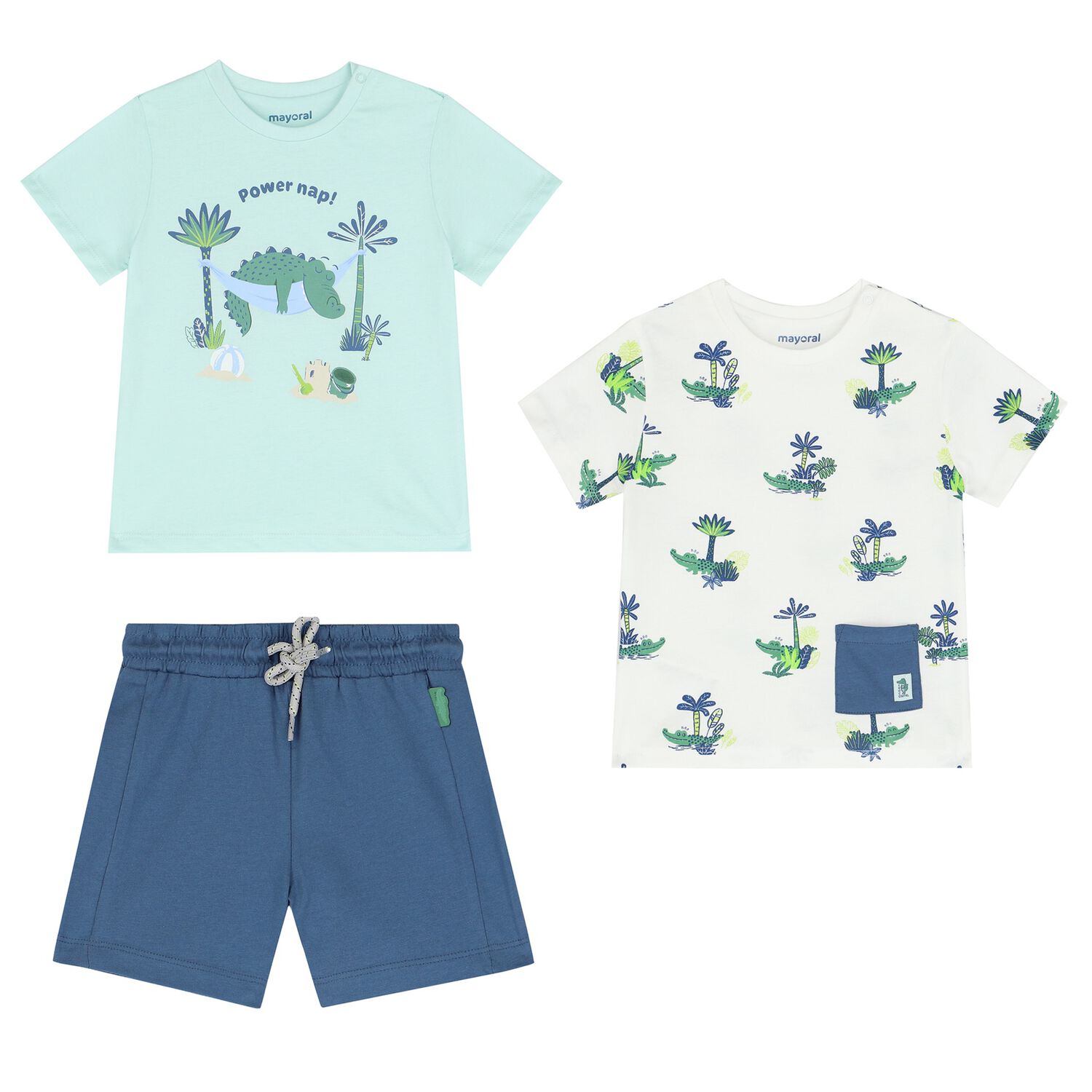 Younger Boys White, Aqua & Navy Blue Shorts Set, 1, hi-res