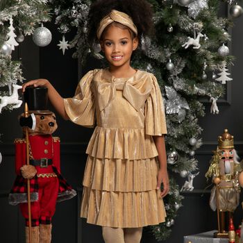 Girls Metallic Gold Tiered Dress