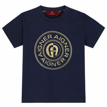 Younger Boys Navy & Gold Logo T-Shirt