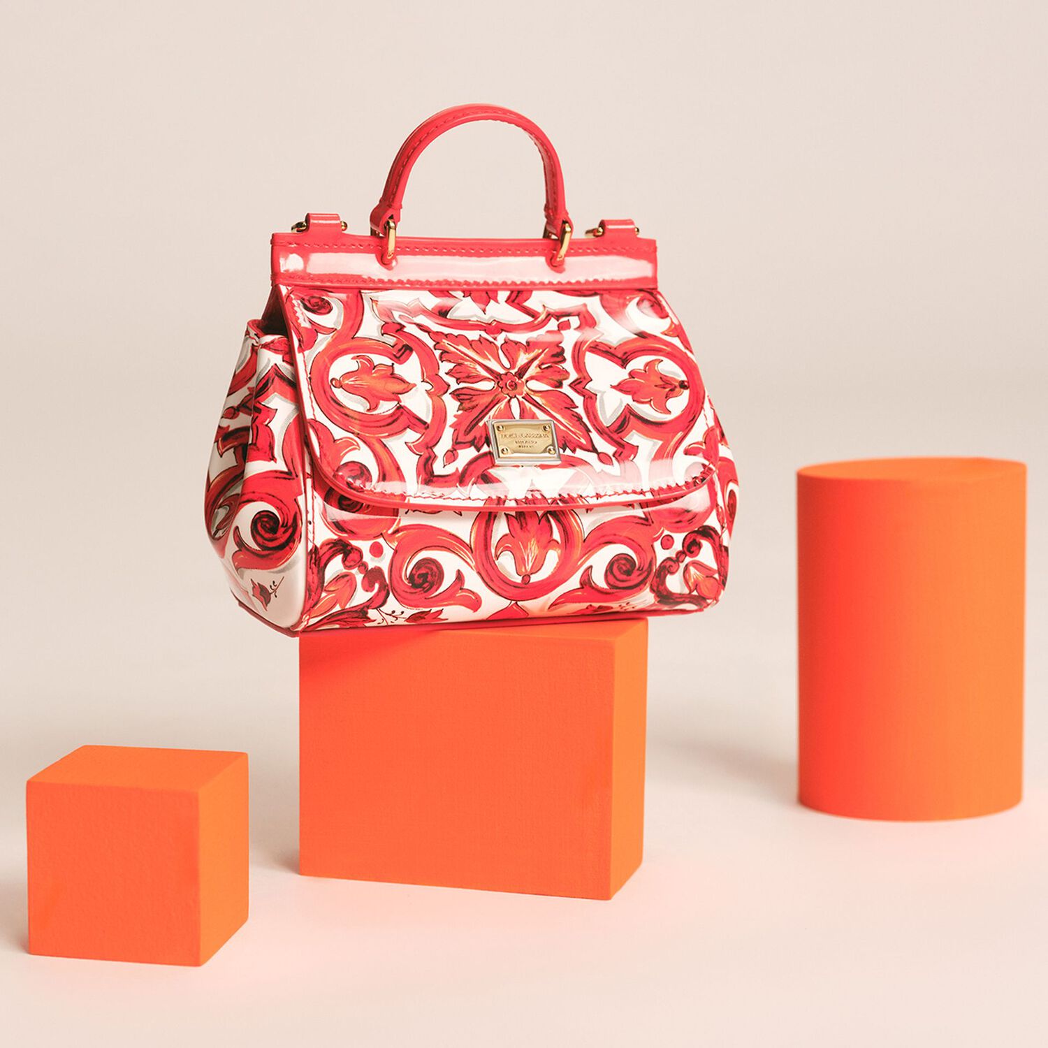 Girls White & Orange Patent Leather Majolica Handbag ( 15cm ), 1, hi-res