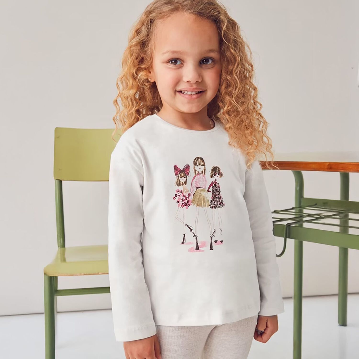 Girls White Dolls Long Sleeve Top, 1, hi-res