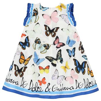 Girls White & Blue Butterfly Print Cotton Dress