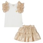Girls White & Gold Ruffle Skirt Set, 1, hi-res