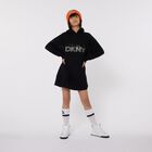 Girls Black Rhinestone Logo Hooded Dress, 1, hi-res