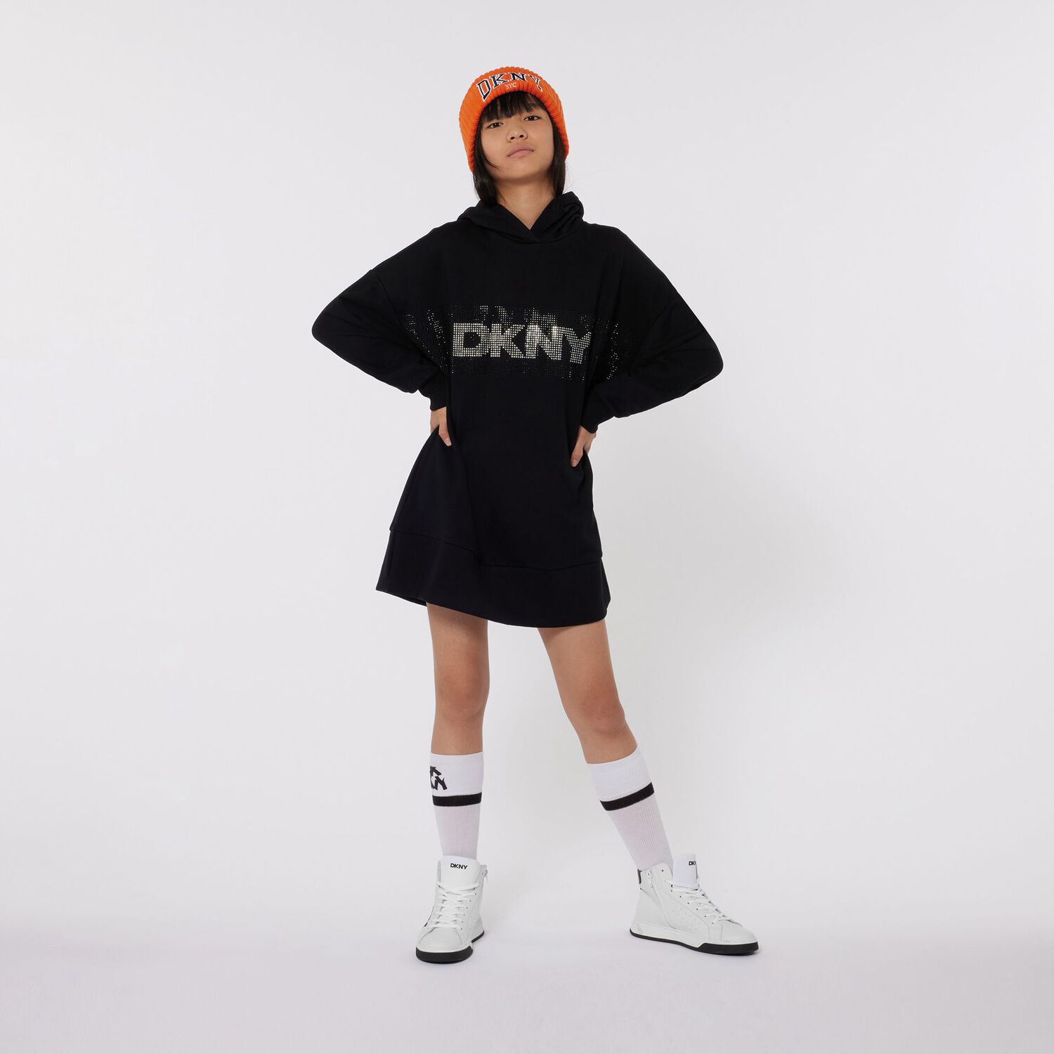 Girls Black Rhinestone Logo Hooded Dress, 1, hi-res image number null