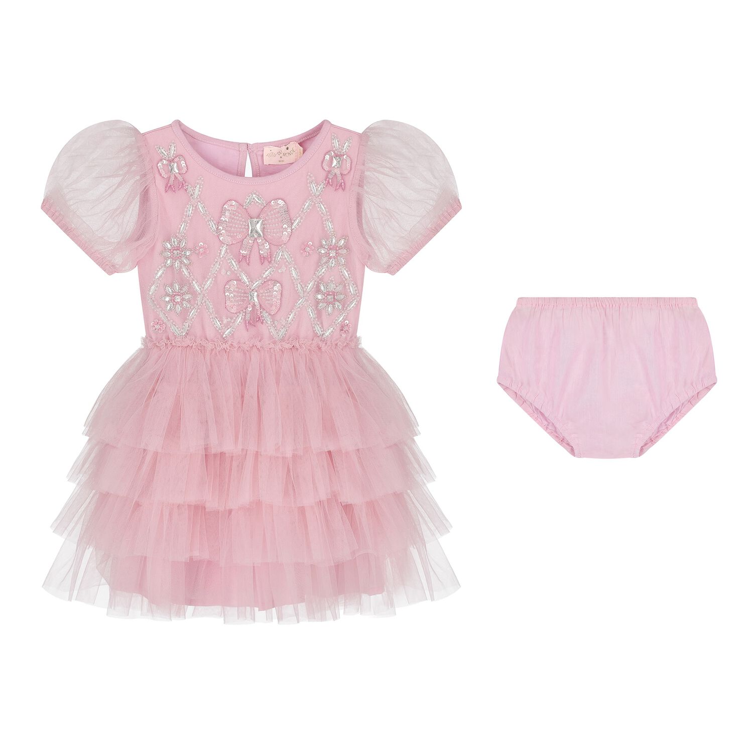 طقم فستان أطفال من التول مطرز بالكريستال باللون الوردي للبنات, 1, hi-res