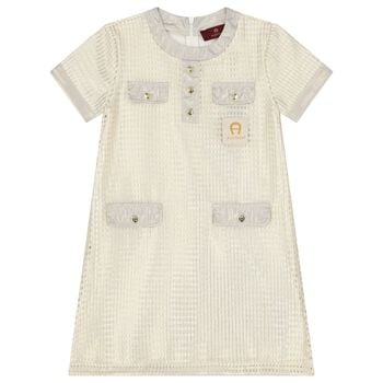 Girls Ivory & Gold Logo Dress