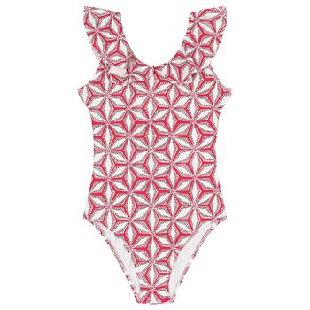 Girls White & Pink Ruffled Swimsuit