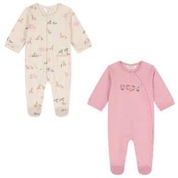 Baby Girls Beige & Pink Animals Babygrows ( 2-Pack )