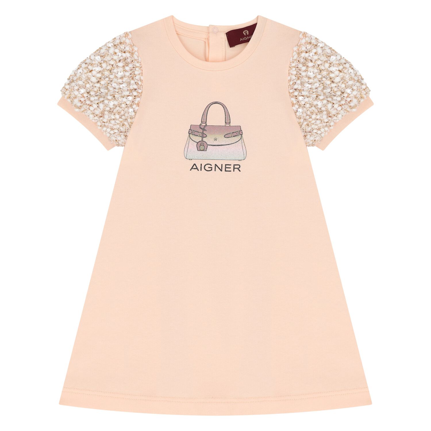 Younger Girls Pale Orange Bag Print Dress, 2, hi-res