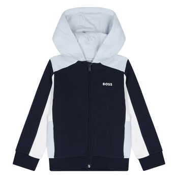 Younger Boys Navy Blue, White & Blue Hooded Zip Up Top