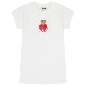 فستان للبنات بتصميم الدب تيدي باللون الابيض 