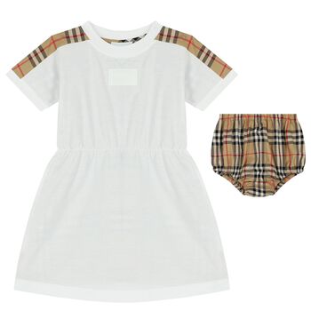 Baby Girls White & Beige Check Dress Set