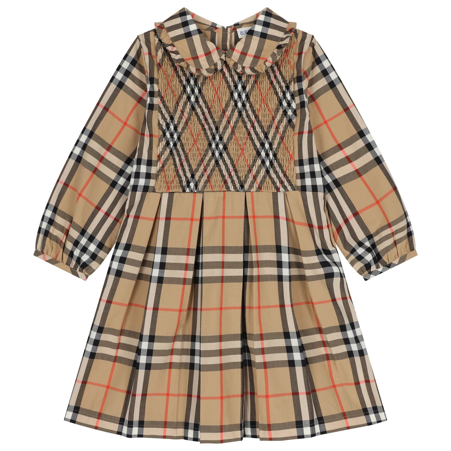 Girls Beige Check Shirred Dress, 1, hi-res image number null