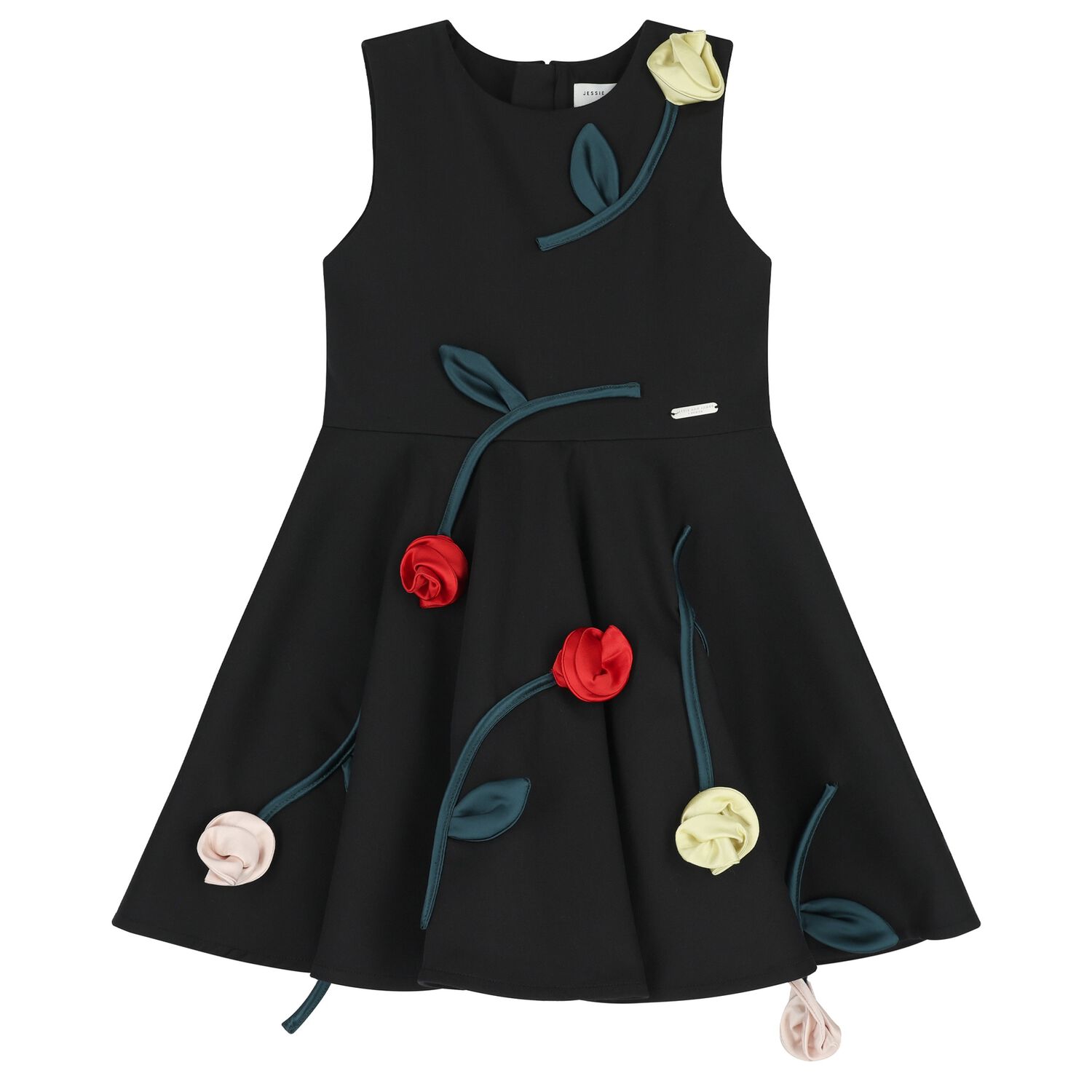 Girls Black Rose Satin Dress, 2, hi-res