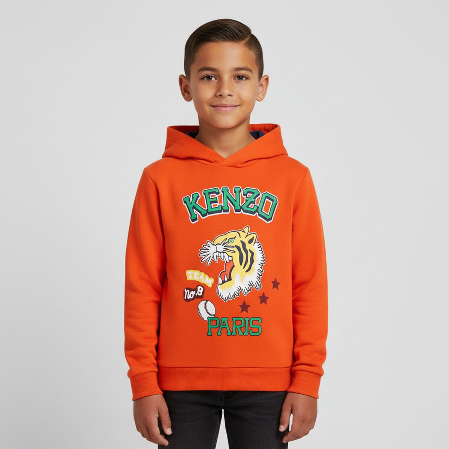 Boys Orange Varsity Tiger Hooded Top, 2, hi-res