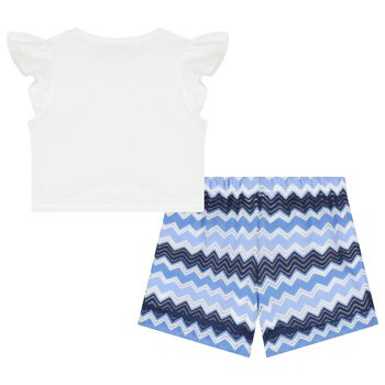Girls White & Blue Zigzag Shorts Set