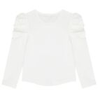Girls White Bow Long Sleeve Top, 1, hi-res