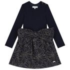 Girls Navy Blue & Gold Jacquard Dress, 1, hi-res