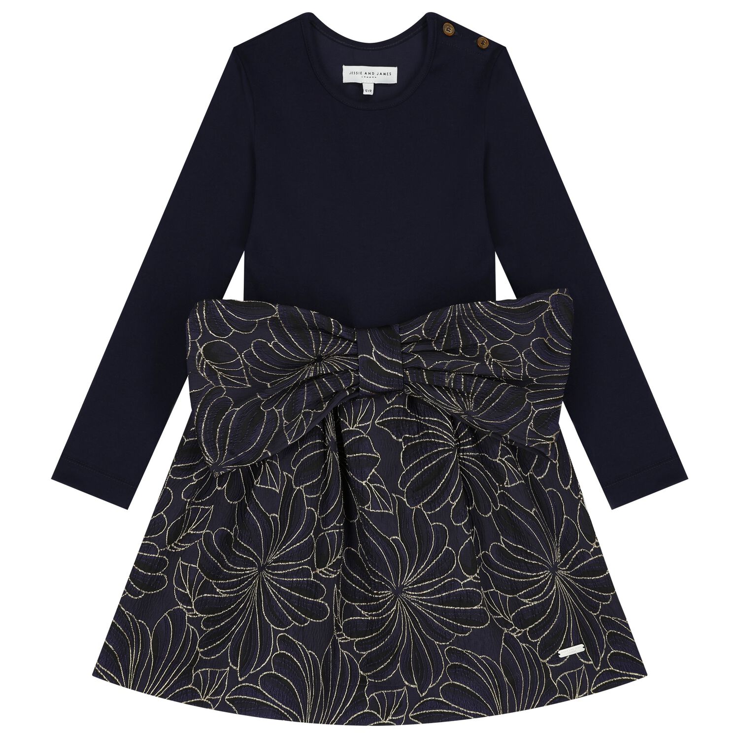 Girls Navy Blue & Gold Jacquard Dress, 1, hi-res image number null