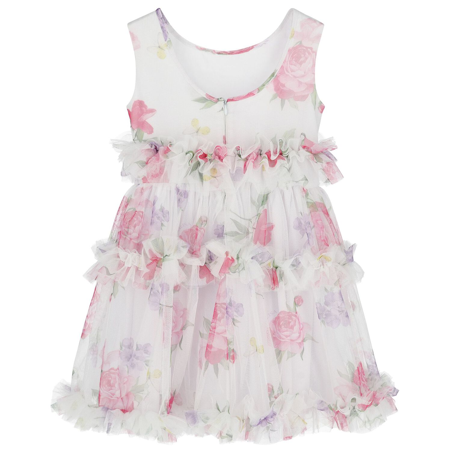 Girls White Floral Tulle Dress, 2, hi-res