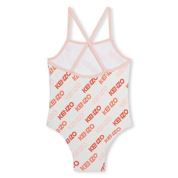 Younger Girls Ivory & Pink Logo Swimsuit