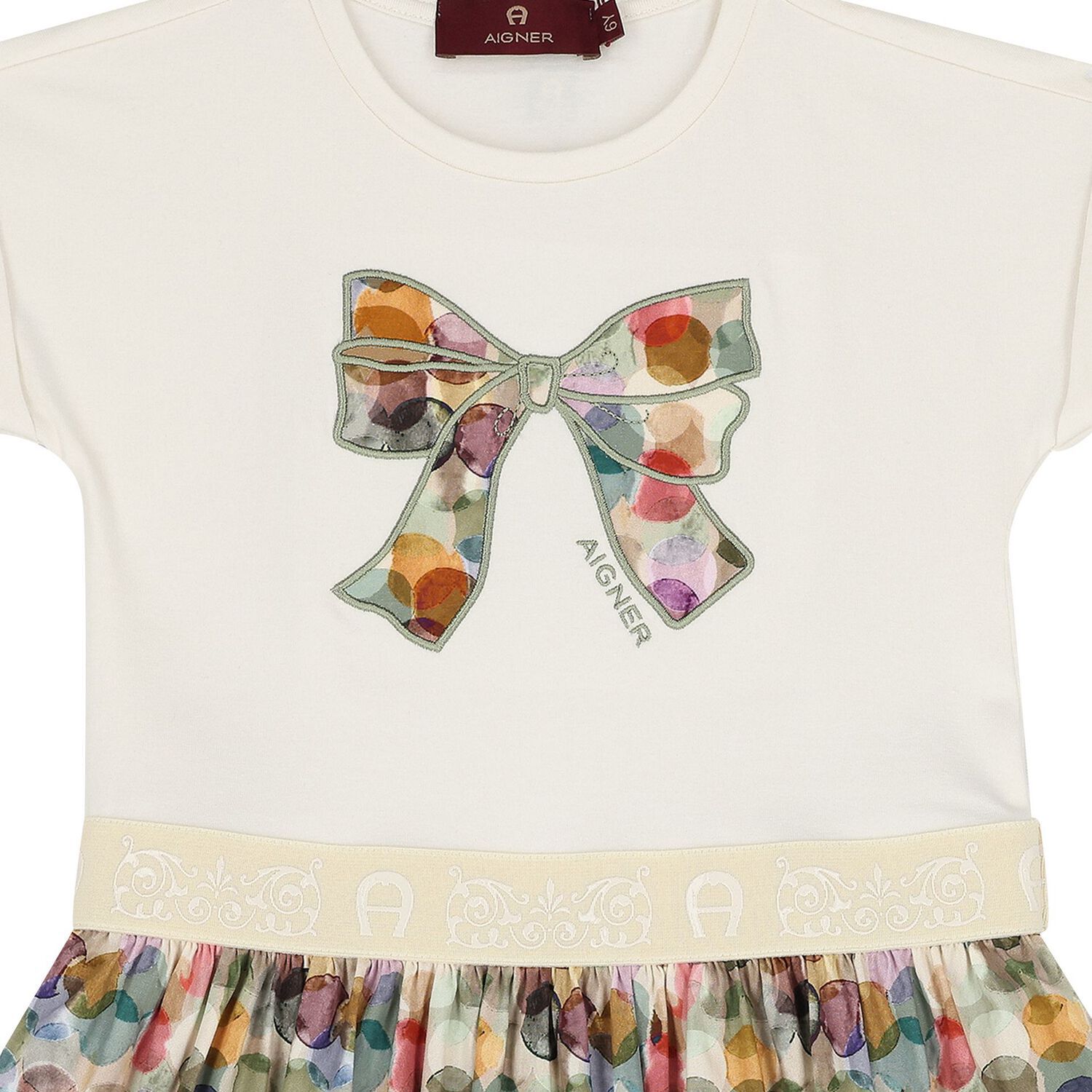 Girls Ivory & Green Ribbon Dress, 1, hi-res