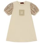 فستان بنات بالشعار باللون البيج والذهبى, 2, hi-res