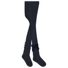 Girls Navy Blue Velvet Bow Tights, 1, hi-res