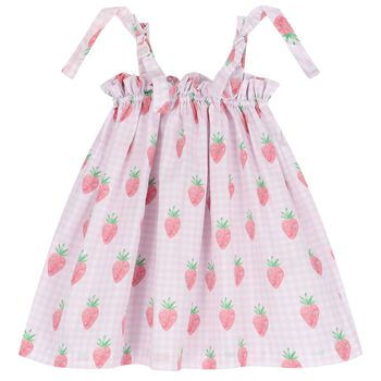 Girls White & Pink Gingham Strawberries Beach Dress