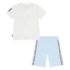 Younger Boys White & Blue Logo Shorts Set, 1, hi-res