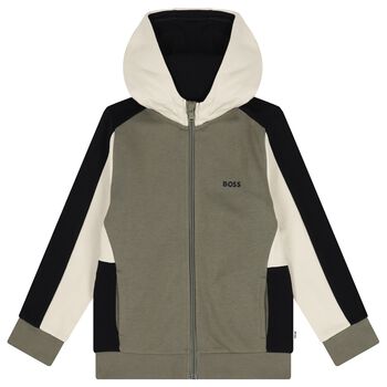 Boys Green, Black & Ivory Logo Hooded Zip Up Top