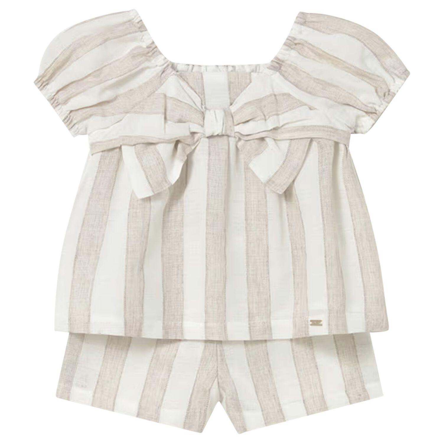Younger Girls Beige & White Striped Shorts Set, 1, hi-res