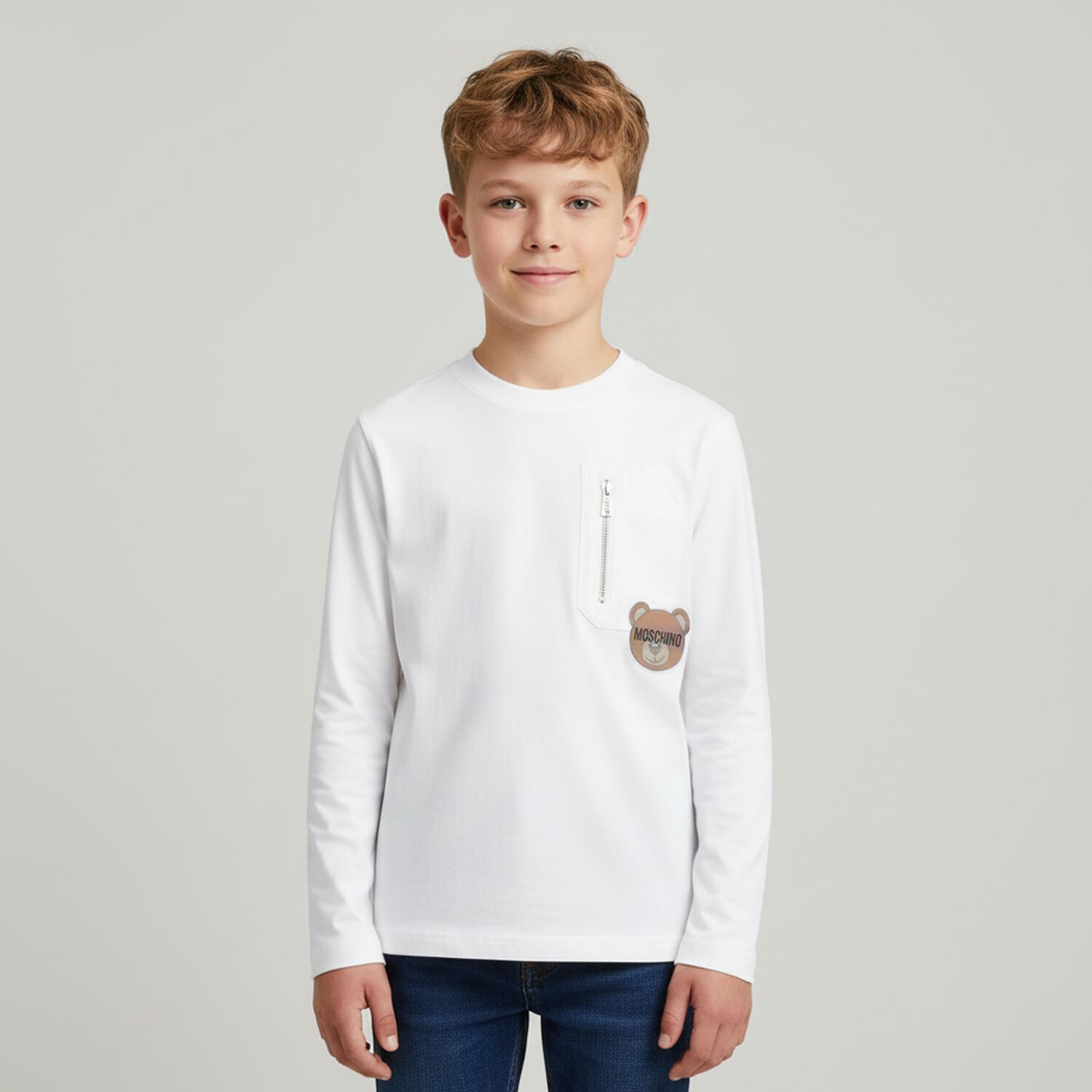 Boys White Logo Long Sleeve Top, 1, hi-res image number null