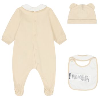 Beige & White Teddy Bear Logo Babygrow Gift Set