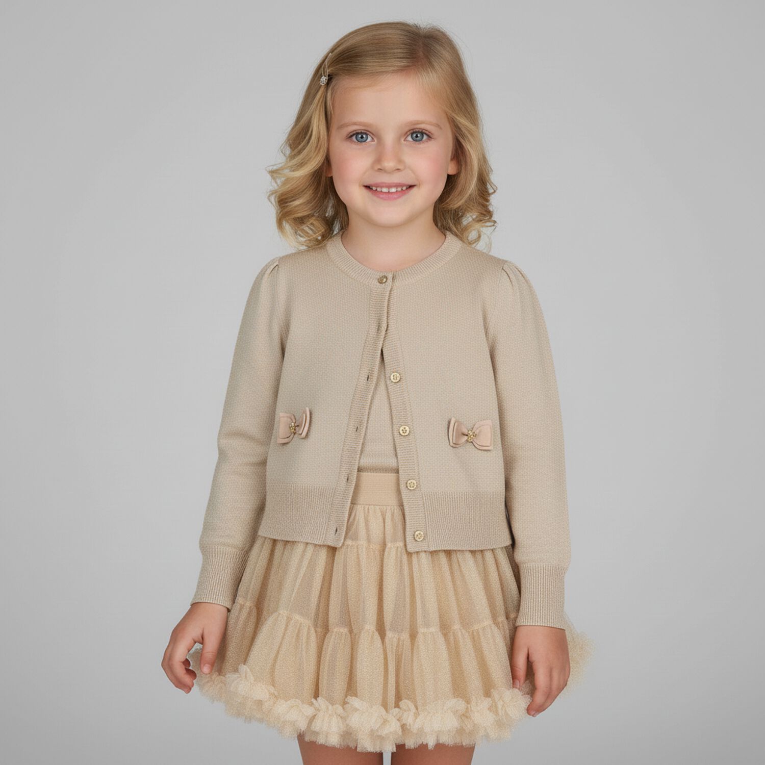 Girls Gold Bow Cardigan, 1, hi-res