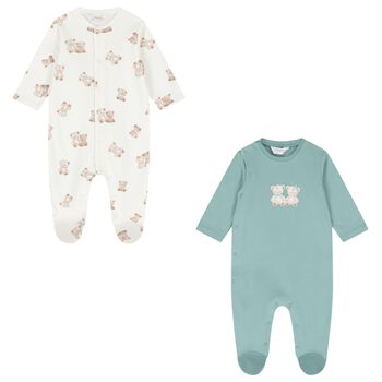 Baby Boys White & Green Teddy Bear Babygrows ( 2-Pack )