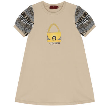 Girls Beige Logo Bag Dress
