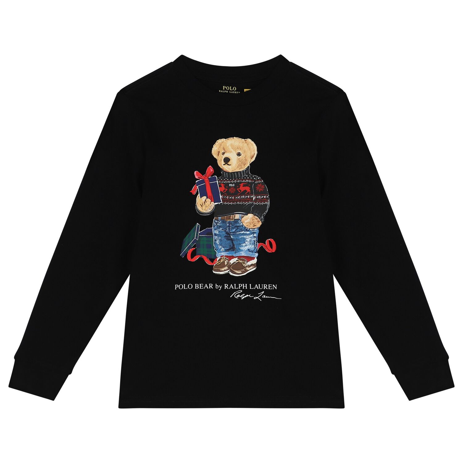 Boys Black Polo Bear Long Sleeve Top, 1, hi-res