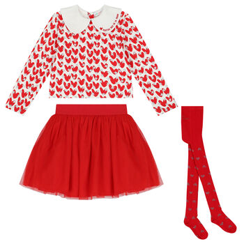 Girls Ivory & Red Tulle Skirt Set