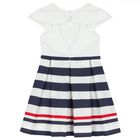 Girls White & Navy Blue Striped Dress, 1, hi-res