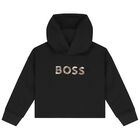 Girls Black Logo Crop Hooded Top, 1, hi-res