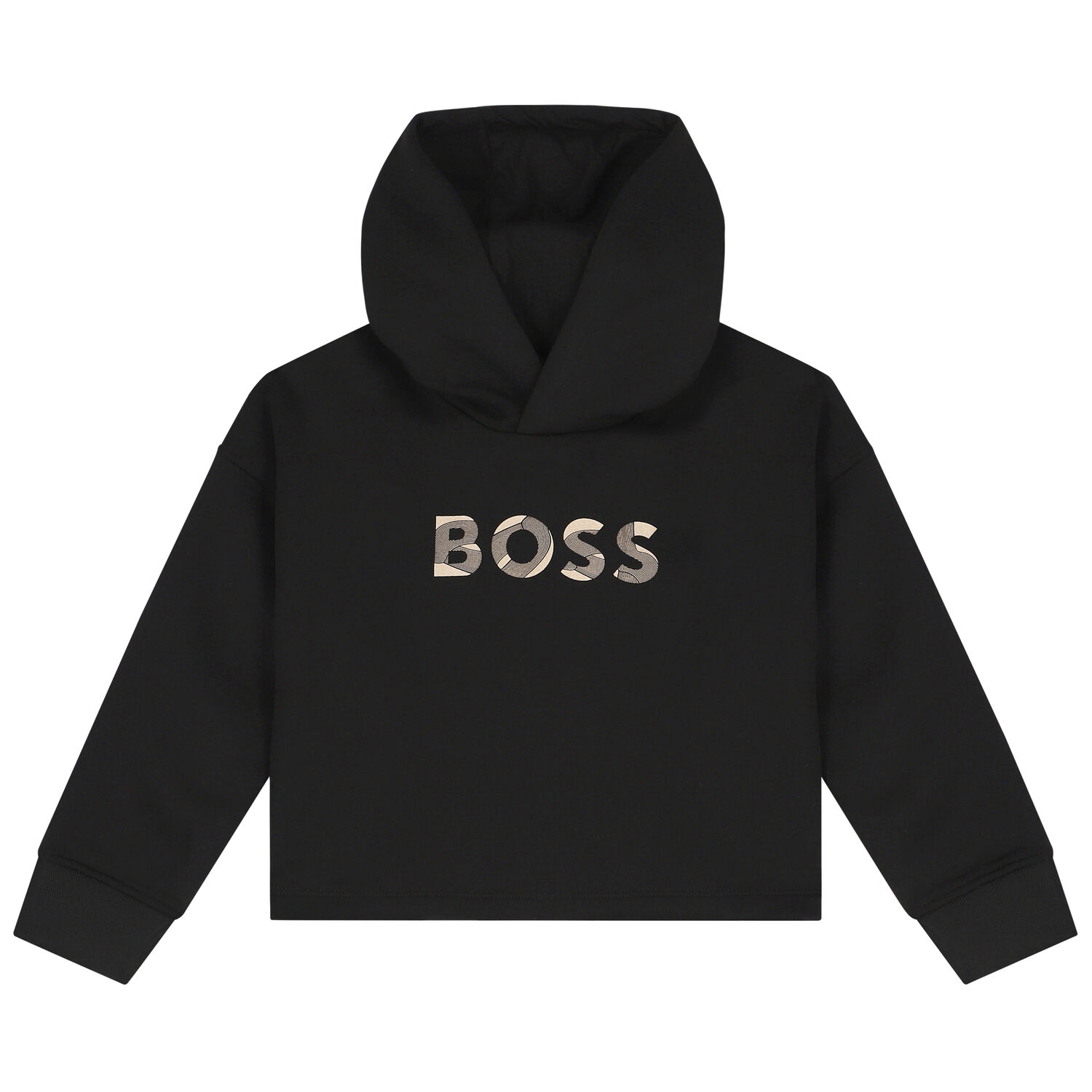 Girls Black Logo Crop Hooded Top, 1, hi-res